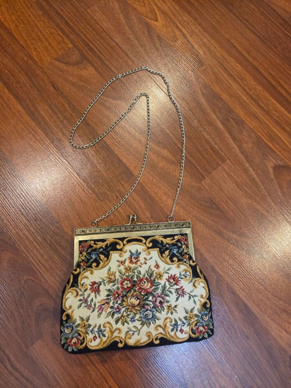 VTG 60s Floral Tapestry Kiss Lock Chain Purse Mid-Century Modern Grandmacore